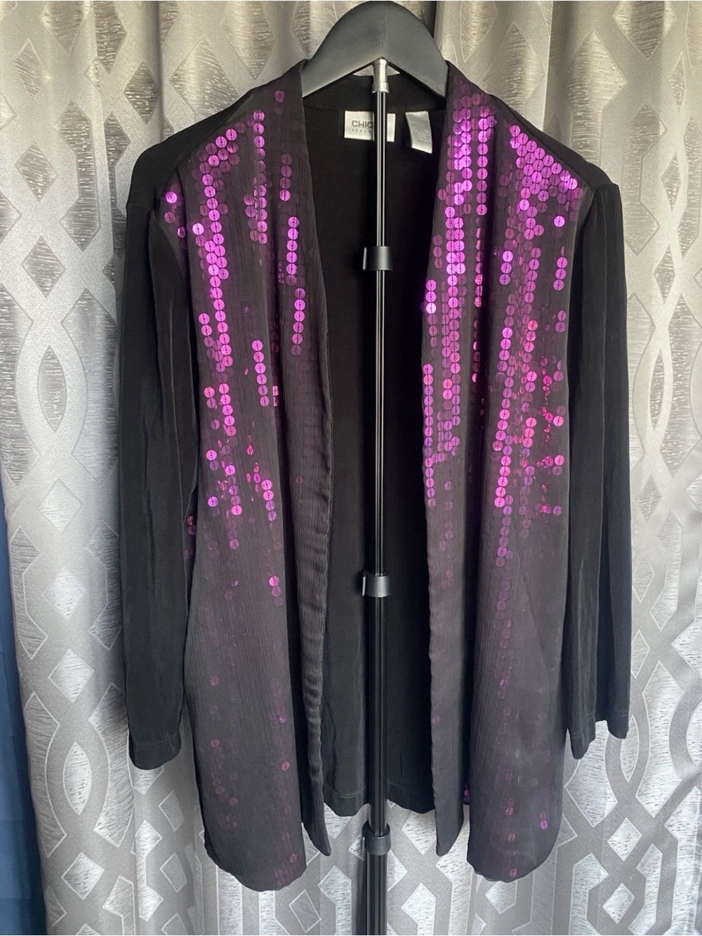 Chico’s Travelers Magenta Sequin Open Front Jacket Women’s Size 3(XL) Elegant
